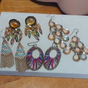 Boho Statement Earrings 4 Pair Lot Bead Goldtone